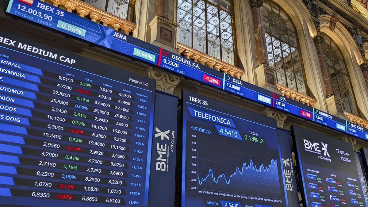 Paneles del Ibex 35 en el Palacio de la Bolsa de Madrid