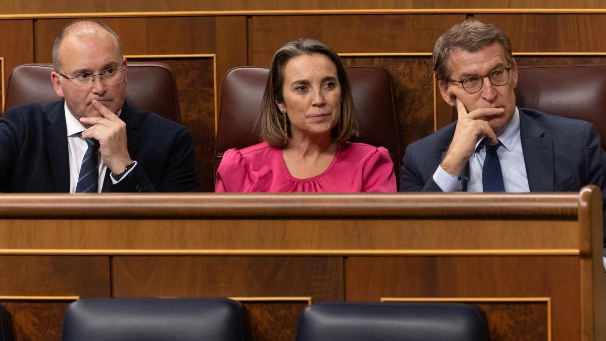 Alberto Núñez Feijóo junto a Cuca Gamarra y Miguel Tellado en el Congreso.