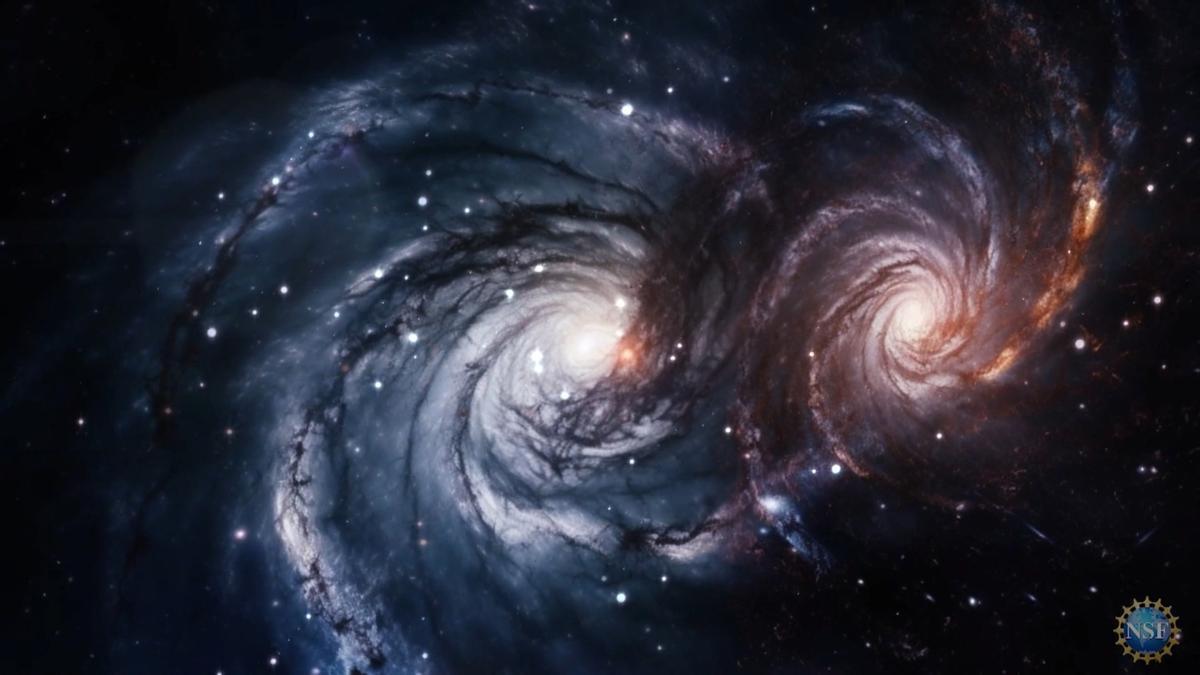 Representación de la fusión de dos agujeros negros