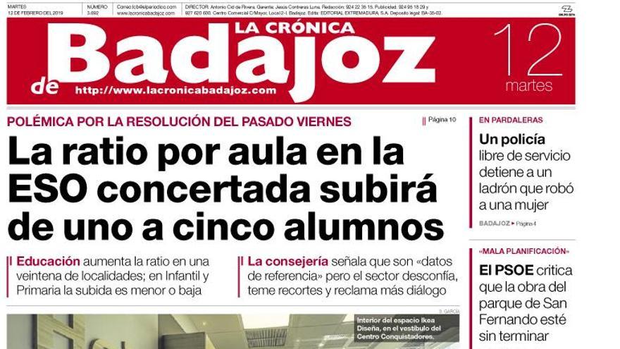 Esta es la portada de LA CRÓNICA DE BADAJOZ correspondiente al día 12 de febrero del 2019