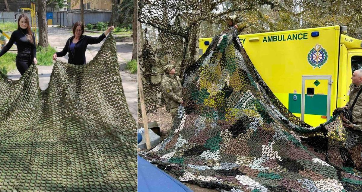 Voluntarios tejen con textiles reciclados redes de camuflaje para ambulancias y equipamiento militar.