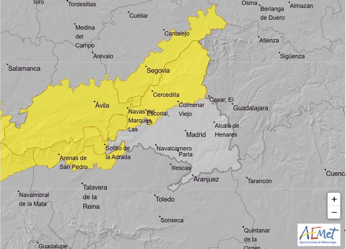 El mapa de la AEMET con la alerta amarilla por lluvias en Madrid para este sábado.