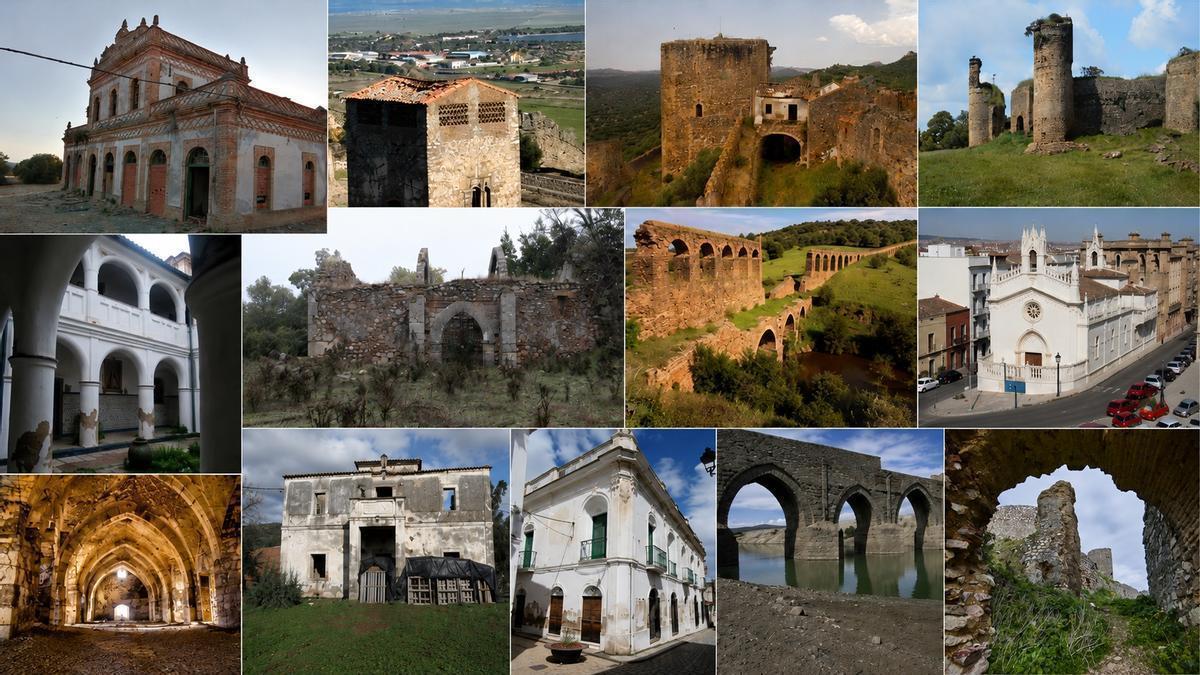 Algunos de los elementos del patrimonio extremeño incluidos en la lista roja de Hispania Nostra.