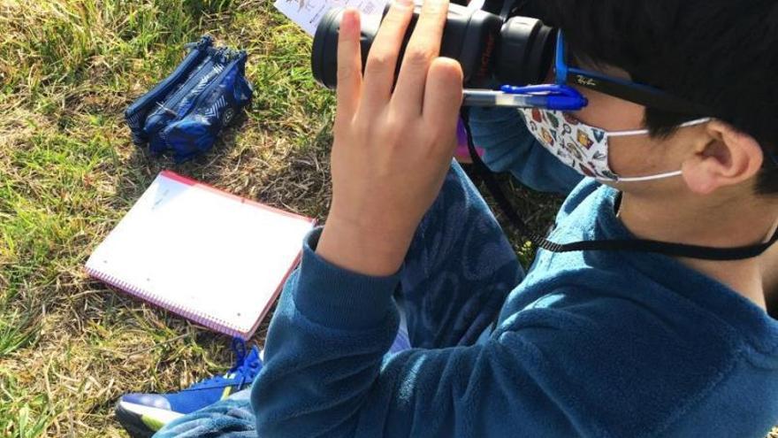 Los alumnos se ayudan de prismáticos y cuadernos de campo para hacer un seguimiento de las aves.
