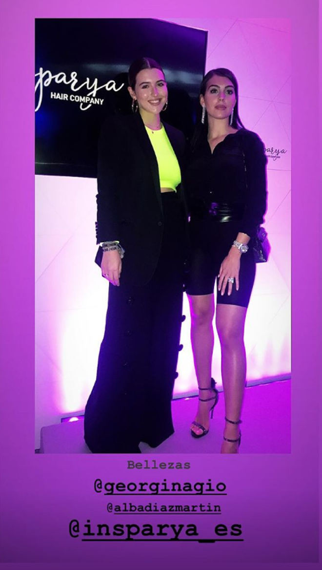 Georgina Rodríguez posa junto a Alba Díaz en Madrid con un look de fiesta en el que destacan las mallas ciclistas