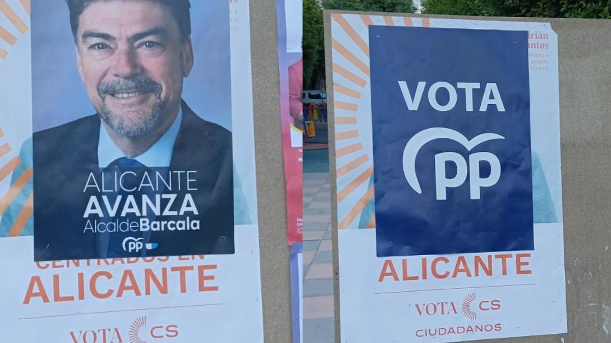 Dos carteles de Ciudadanos tapados por la publicidad electoral del PP.