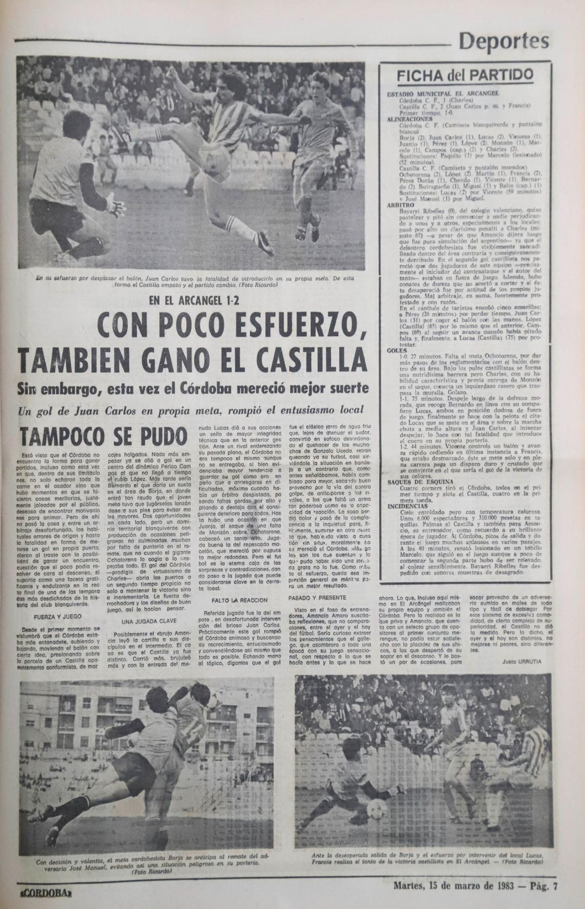 Crónica de la única victoria del Real Madrid Castilla en El Arcángel, en marzo de 1983.