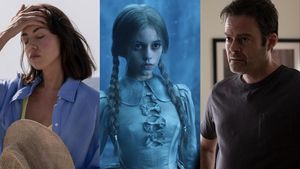 De izquierda a derecha, Aubrey Plaza en ’The White Lotus’, Jenna Ortega en ’Miércoles’ y Bill Hader en ’Barry’. 