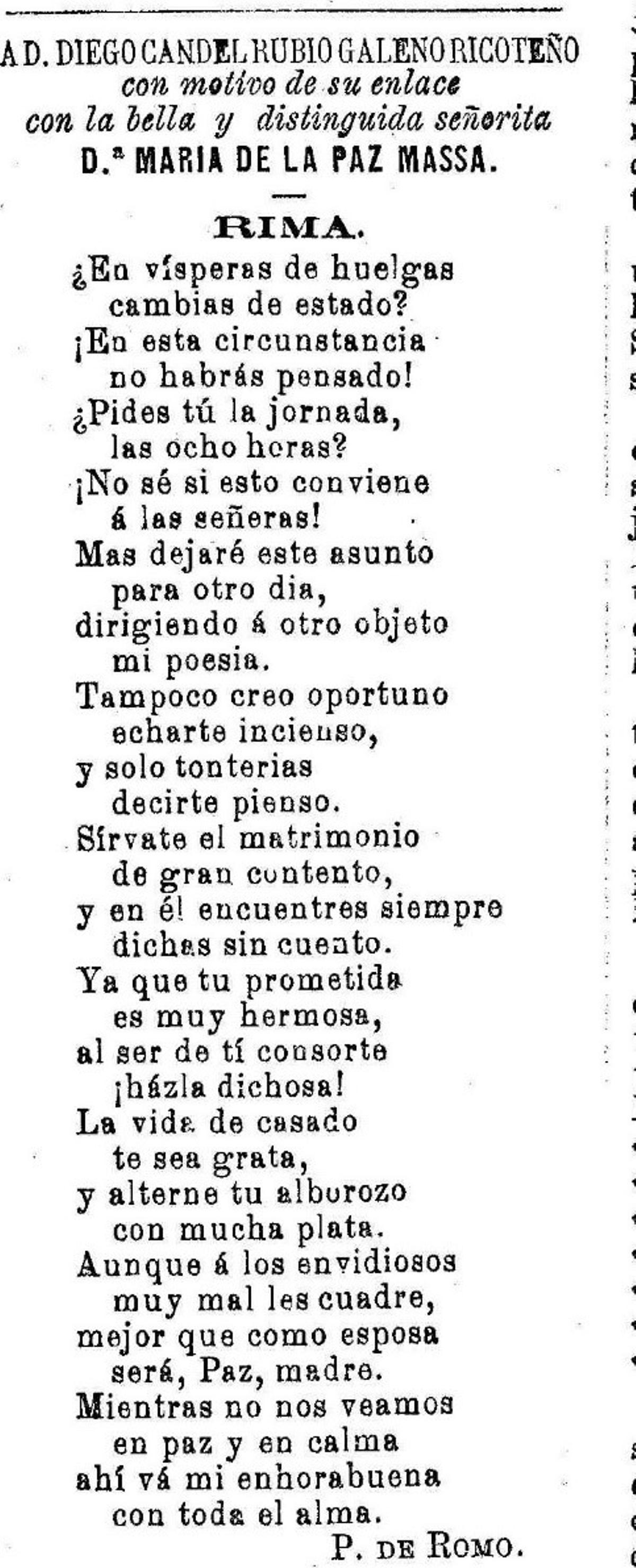 Poema que le dedicó en prensa el doctor Paulino Romo Martínez-Lázaro, médico de Ojós y posteriormente de Villanueva del Río Segura (casado con Josefa Mendieta Rebollo), al matrimonio de Diego Candel y Paz Massa.