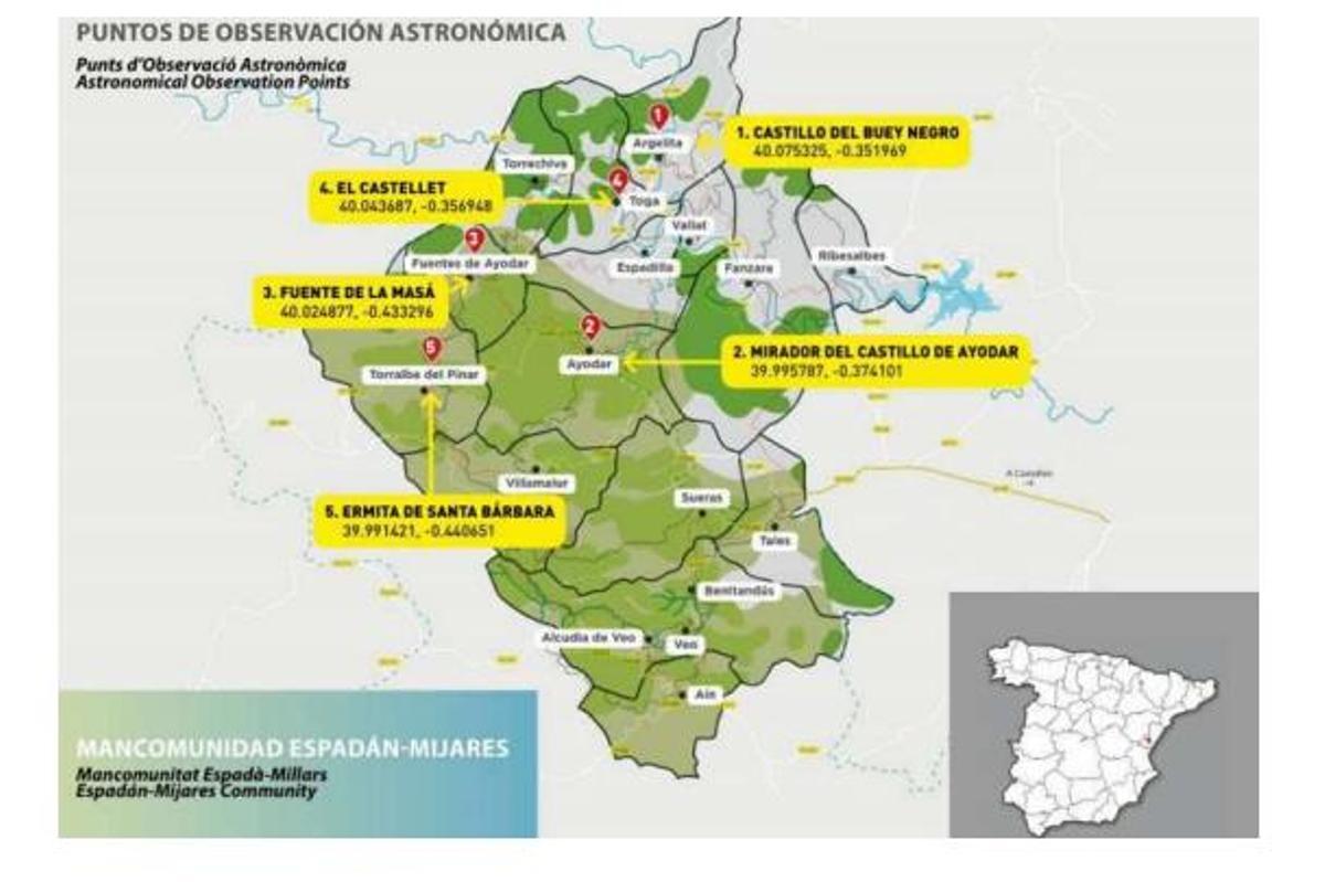 Ubicaciones de los miradores de observación astronómica.