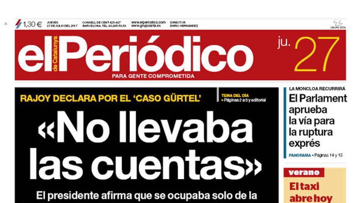 La portada de EL PERIÓDICO del 27 de julio del 2017.