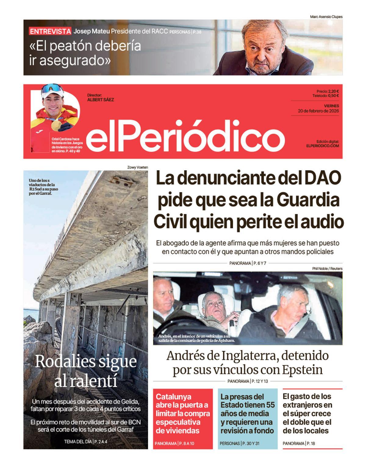 La portada de EL PERIÓDICO del 20 de febrero de 2026