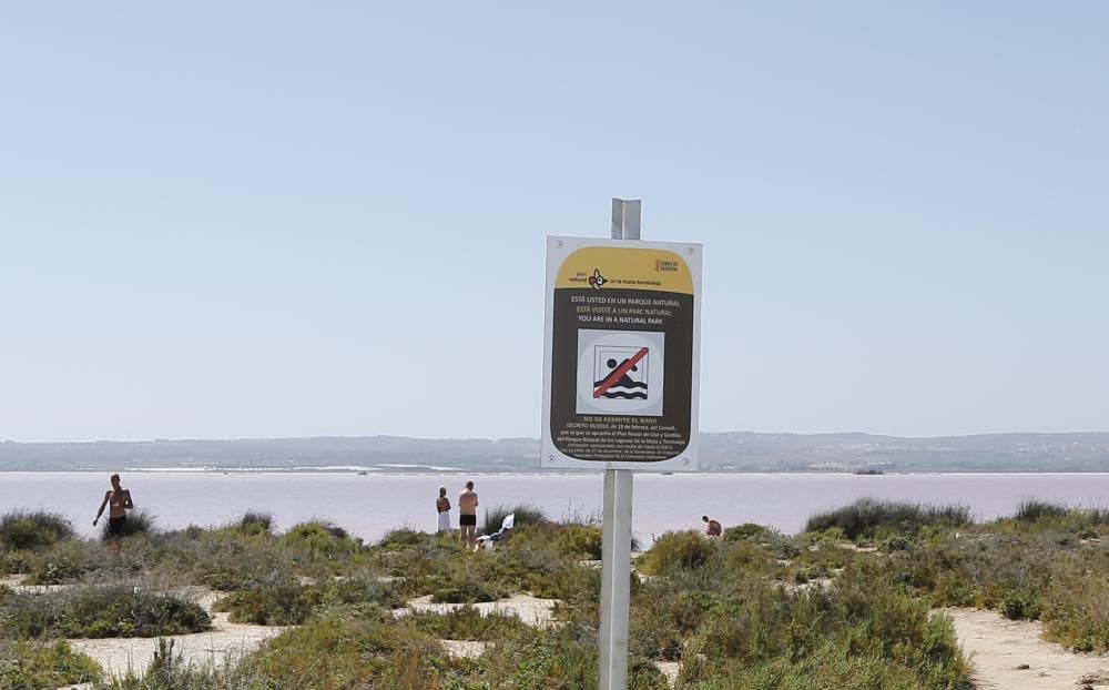 La salinera quiere evitar problemas de seguridad y vertido de residuos en las aguas de la laguna de Torrevieja y recuerda que el baño está prohibido, con nueva cartelería con el logo del Parque Natura