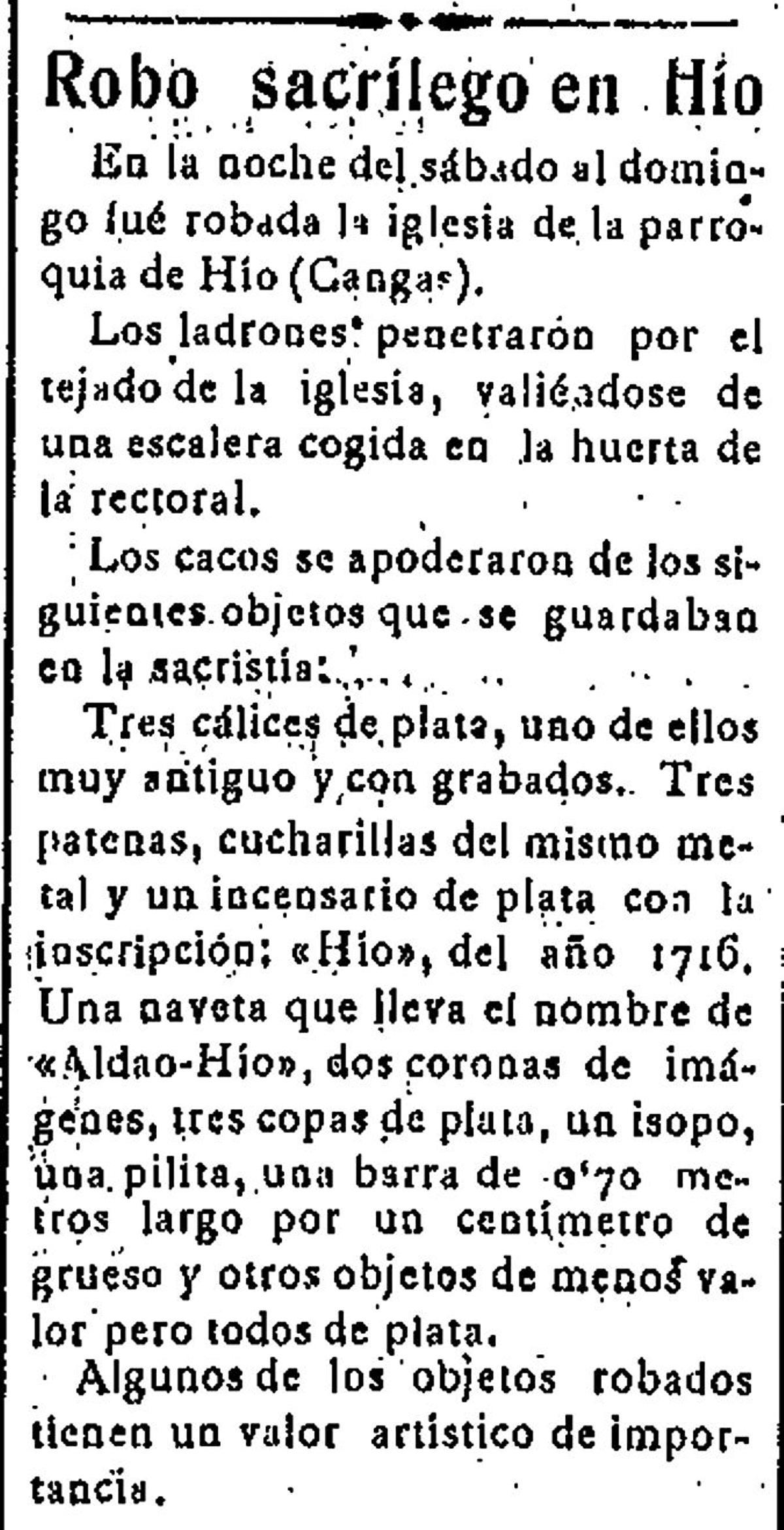 De cando as igrexas de Darbo e do Hío sufriron roubos