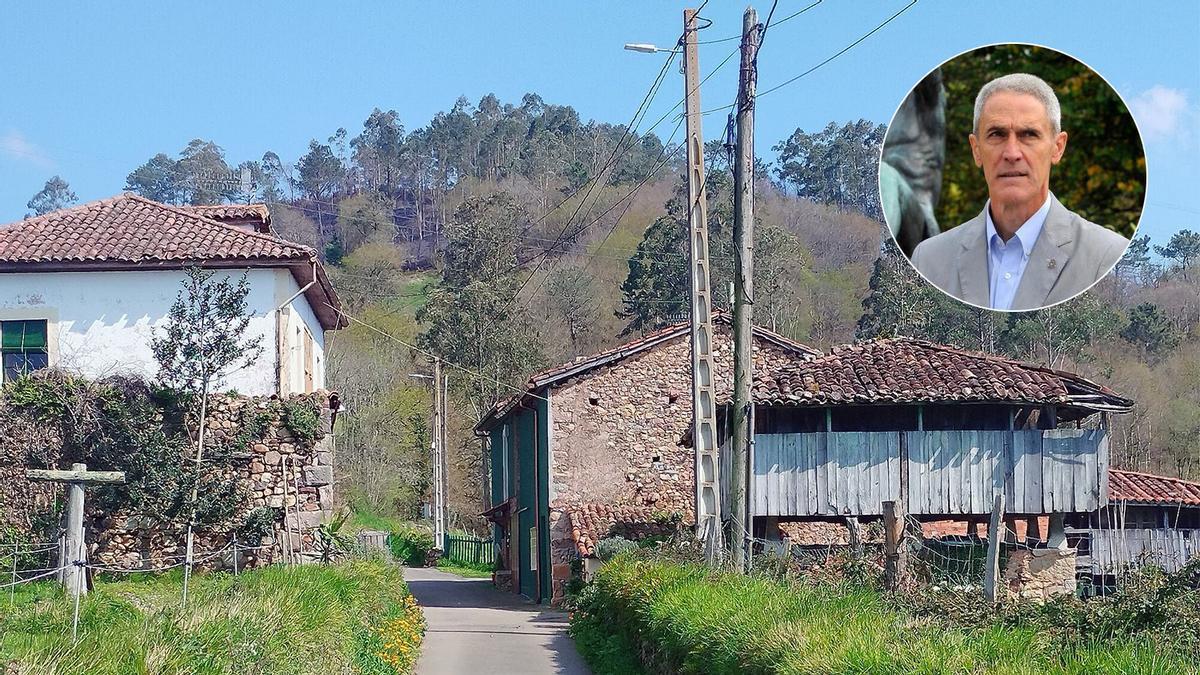 Un grupo de casas en El Mirín, con el monte Los Pinos, donde se produjo la tragedia, al fondo. En el círculo, el coronel Baldomero Argüelles