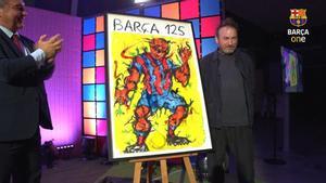 Joan Laporta y Miquel Barceló ante el cartel del 125 aniversario del Barça.