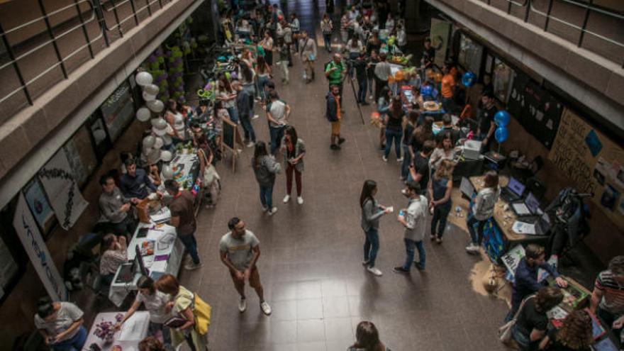 Alumnos universitarios muestran sus trabajos de creación de empresas.