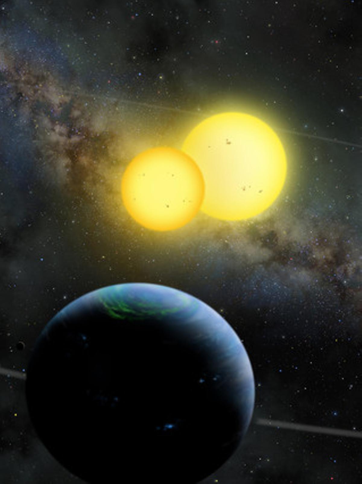 Simulació artística de Kepler-35, planeta que orbita al voltant d’un sistema de dues estrelles.