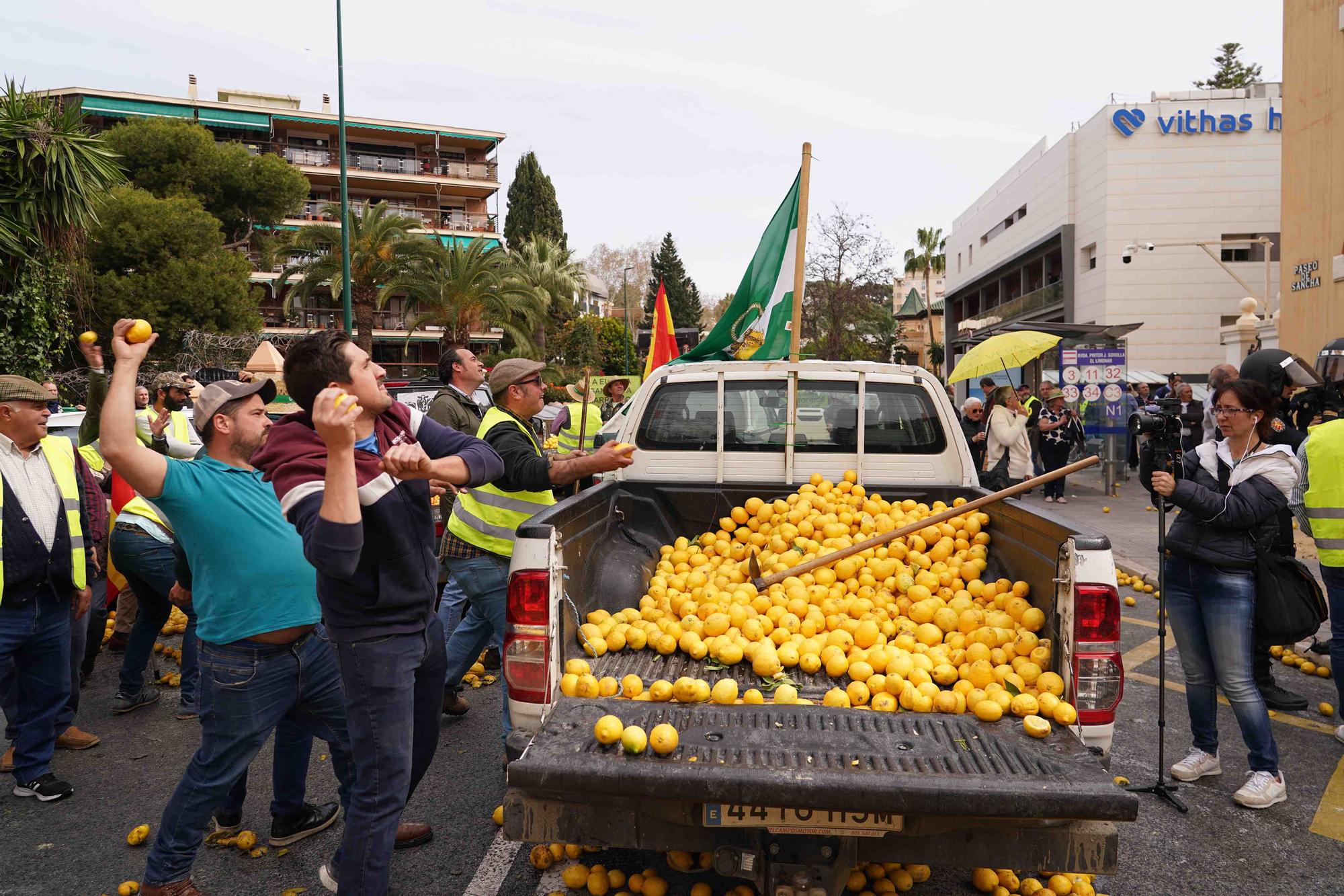 Concentración de agricultores en las puertas de la Subdelegación de Gobierno de Málaga, en el Paseo de Sancha.