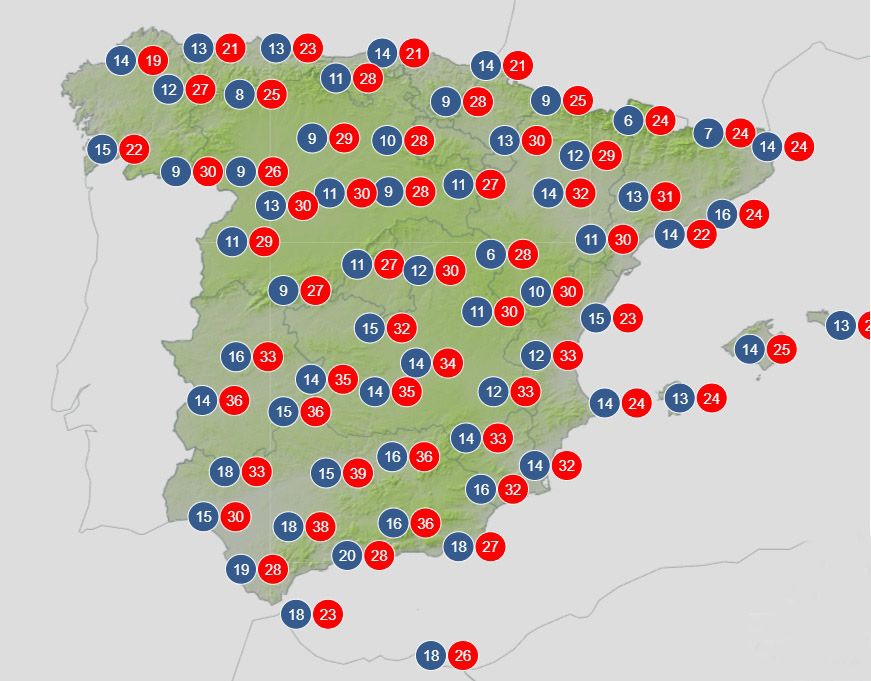 Mapa de predicción de temperaturas en España para el jueves
