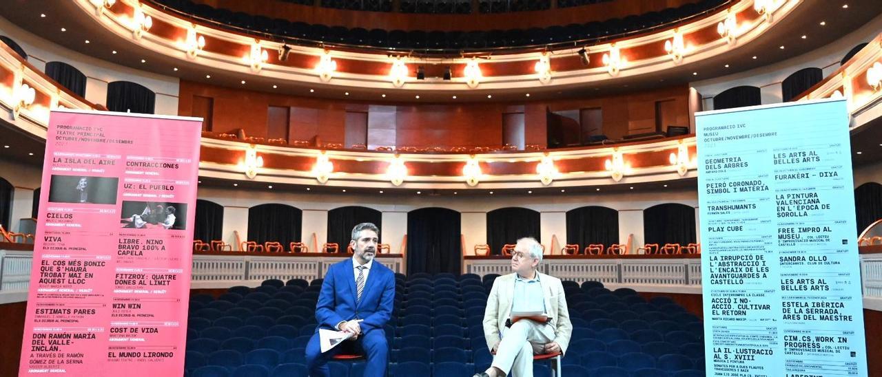 El director general de Cultura, Sergio Arlandis (i), presentó la temporada trimestral del Institut Valencià de Cultura junto a su director, Abel Guarinos, ayer.