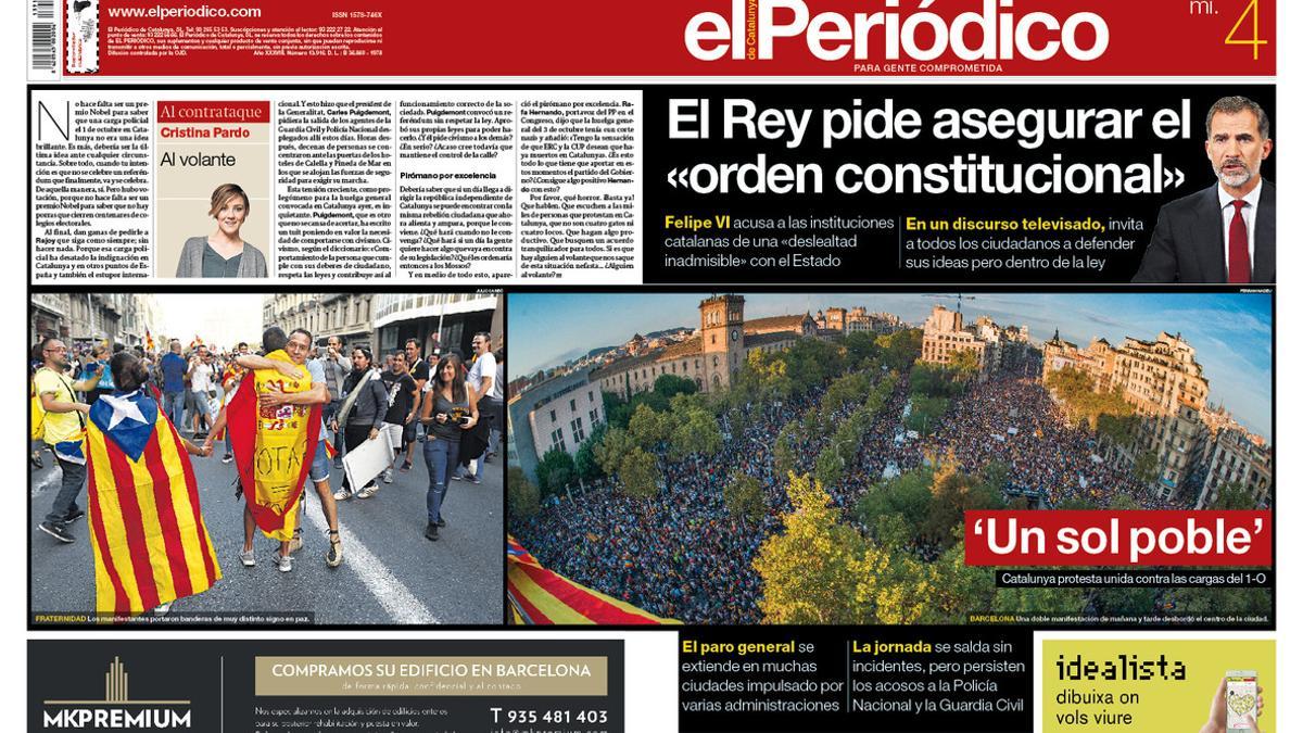 La portada de EL PERIÓDICO del 4 de octubre del 2017.