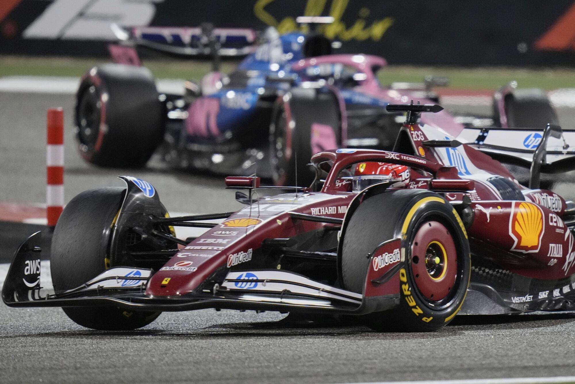 Ferrari driver Charles Leclerc of Monaco in action during the the Formula One Bahrain Grand Prix, in Sakhir, Sunday, April 13, 2025. (AP Photo/Darko Bandic). EDITORIAL USE ONLY / ONLY ITALY AND SPAIN
