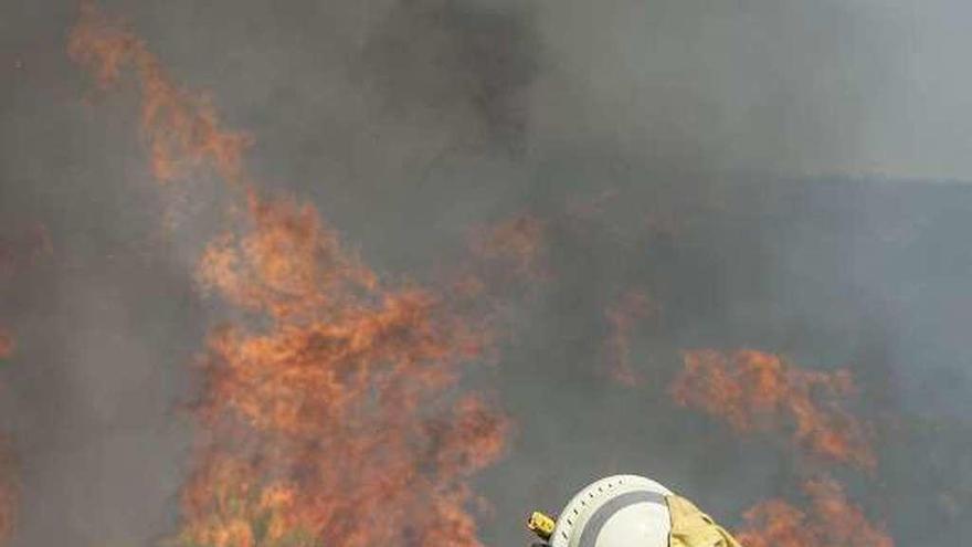 Un brigadista combate el fuego de Cualedro. // Brais Lorenzo