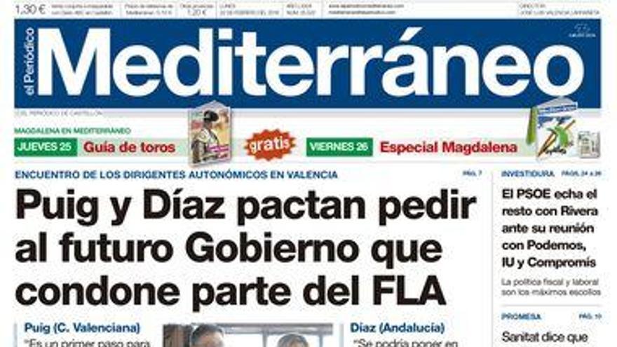 Puig y Díaz pactan pedir al Gobierno que condone el FLA, hoy en la portada Mediterráneo