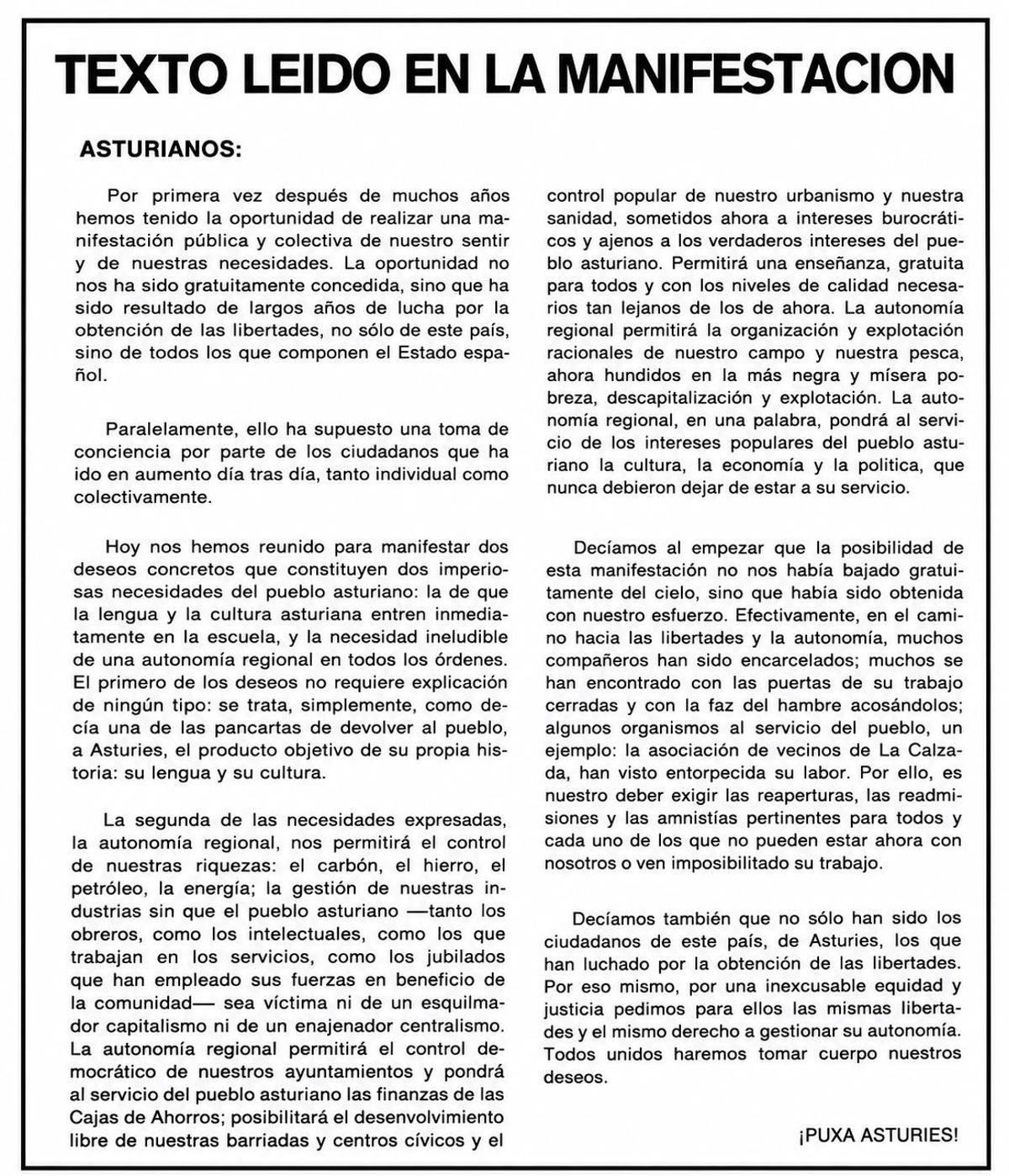 El manifiesto leído por Xuan Xosé Sánchez Vicente en su reproducción en "Asturias Semanal".