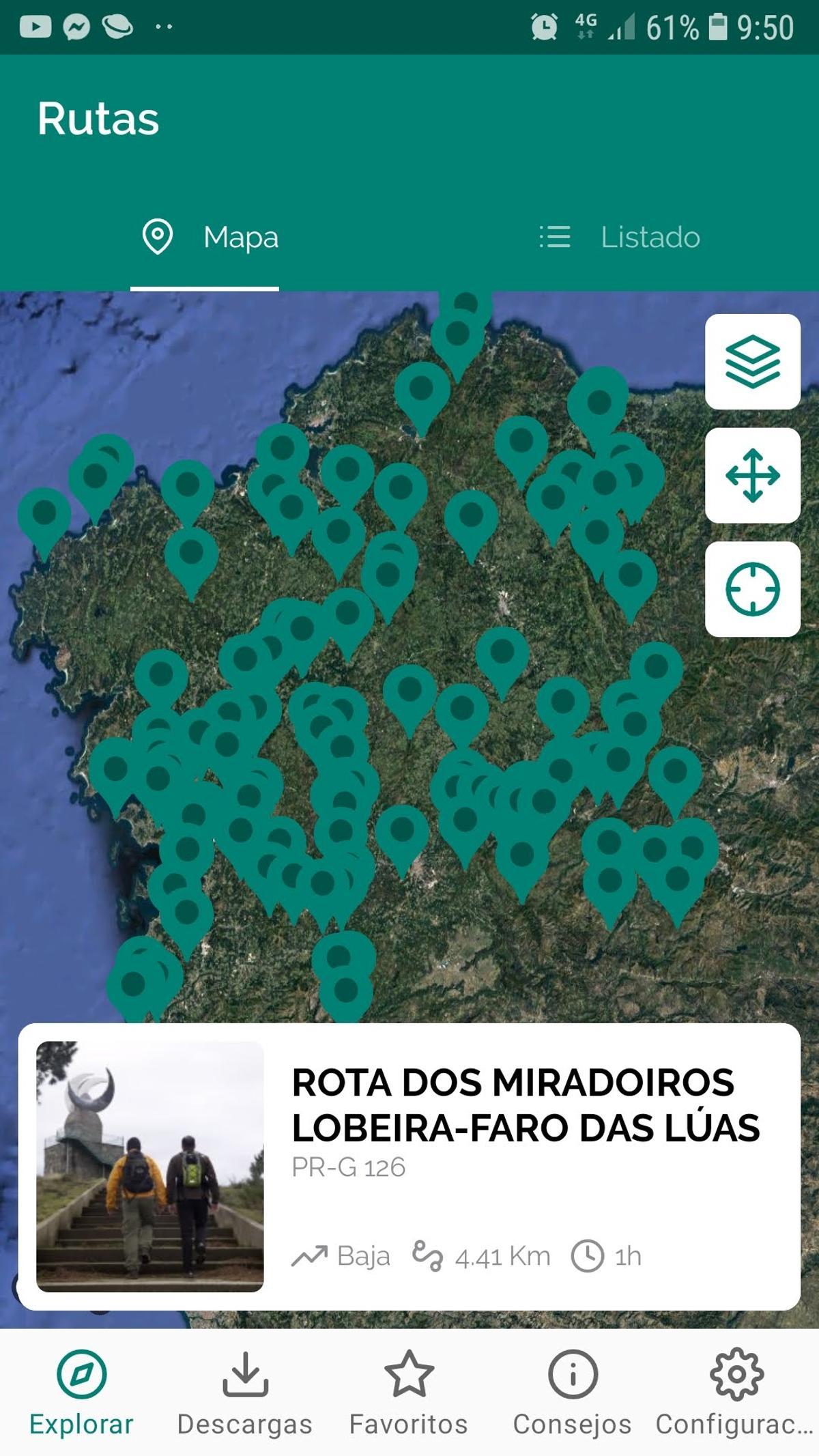 Captura del mapa con las 122 rutas de senderismo en Galicia de la aplicación móvil Sendegal. / Turgalicia