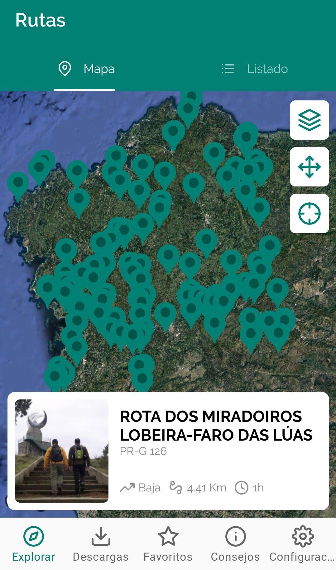 Captura del mapa con las 122 rutas de senderismo en Galicia de la aplicación móvil Sendegal. / Turgalicia