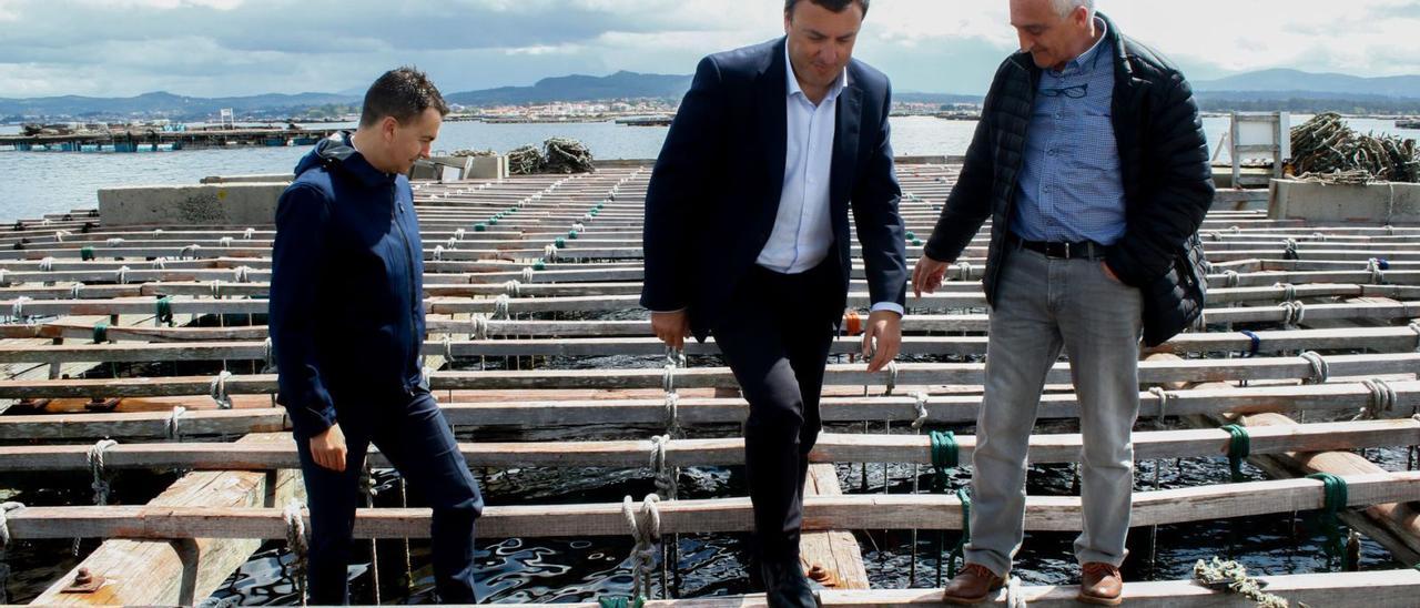 Hector Gómez y Valentín González Formoso, sobre una batea con Julián García, representante del sector bateeiro.