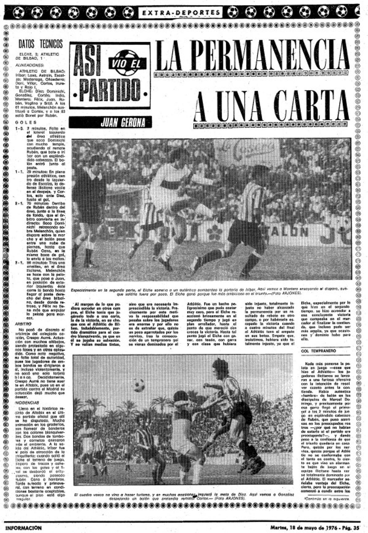 Crónica del Elche-Athletic de 1976 que valió la permanencia franjiverde en Primera