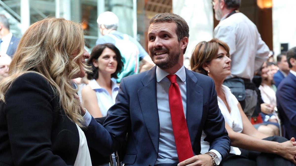 El presidente del PP, Pablo Casado, durante el acto de toma de posesión de Isabel Díaz Ayuso al frente del Gobierno de la Comunidad de Madrid.