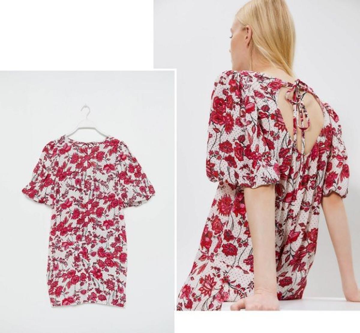 Vestido corto con mangas con volumen y estampado de flores, de las rebajas de Sfera