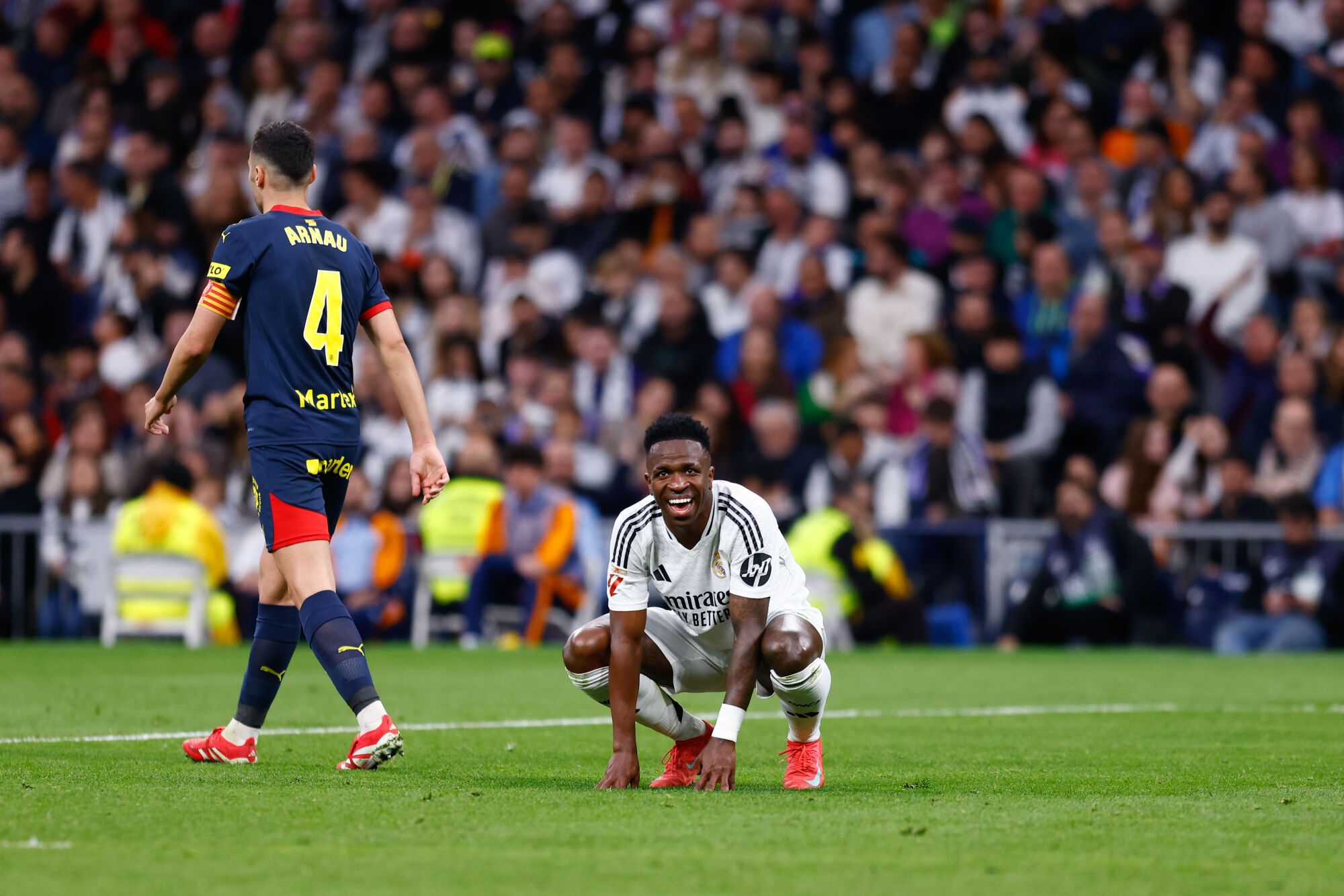 Vinicius Junior of Real Madrid reacts during the Spanish League, LaLiga EA Sports, football match played between Real Madrid and Girona FC at Santiago Bernabeu stadium on February 23, 2025, in Madrid, Spain. AFP7 23/02/2025 ONLY FOR USE IN SPAIN. Dennis Agyeman / AFP7 / Europa Press;2025;SPAIN;SPORT;ZSPORT;SOCCER;ZSOCCER;Real Madrid v Girona FC - LaLiga EA Sports;