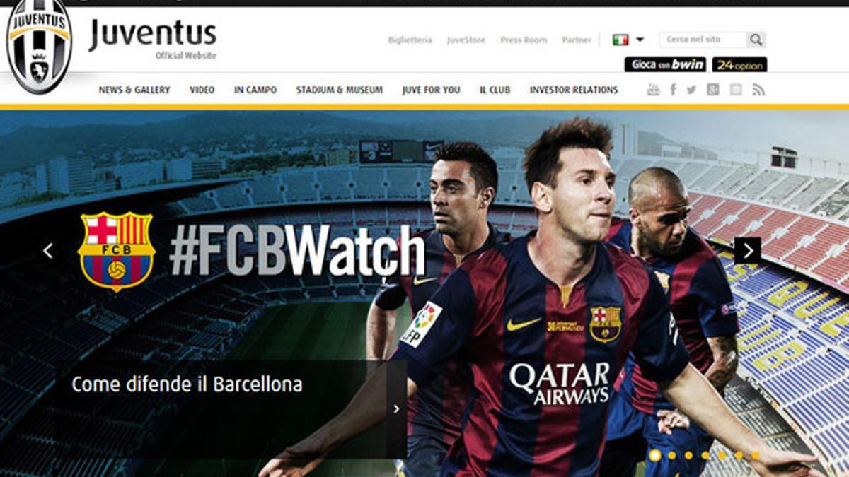 La imagen que abre la página web de la Juventus de Turín con el FC Barcelona como protagonista