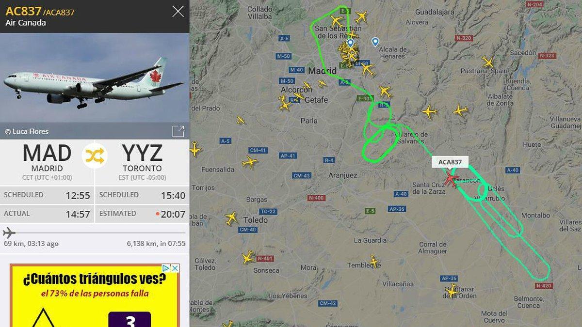 Recorrido del avión de Air Canada ACA837 que está sobrevolando los alrededores del aeropuerto de Madrid a la espera de realizar un aterrizaje de emergencia, el 3 de febrero del 2020