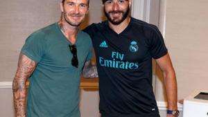 David Beckham y Karim Benzema posan en uan gira del Madrid por Estados Unidos
