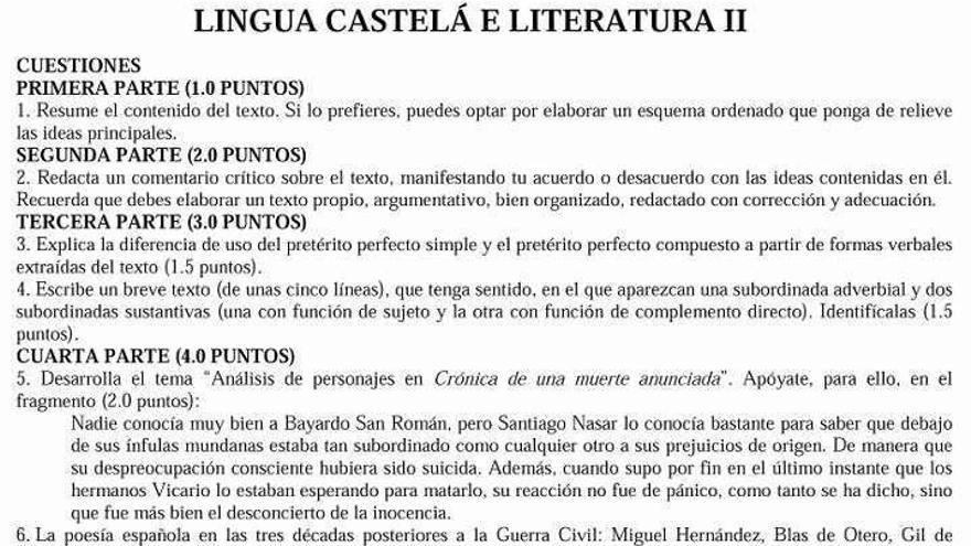 Arriba, las preguntas del examen de Lengua y Literatura en la selectividad gallega de junio de 2018. Abajo, la prueba de Canarias de este mismo año.