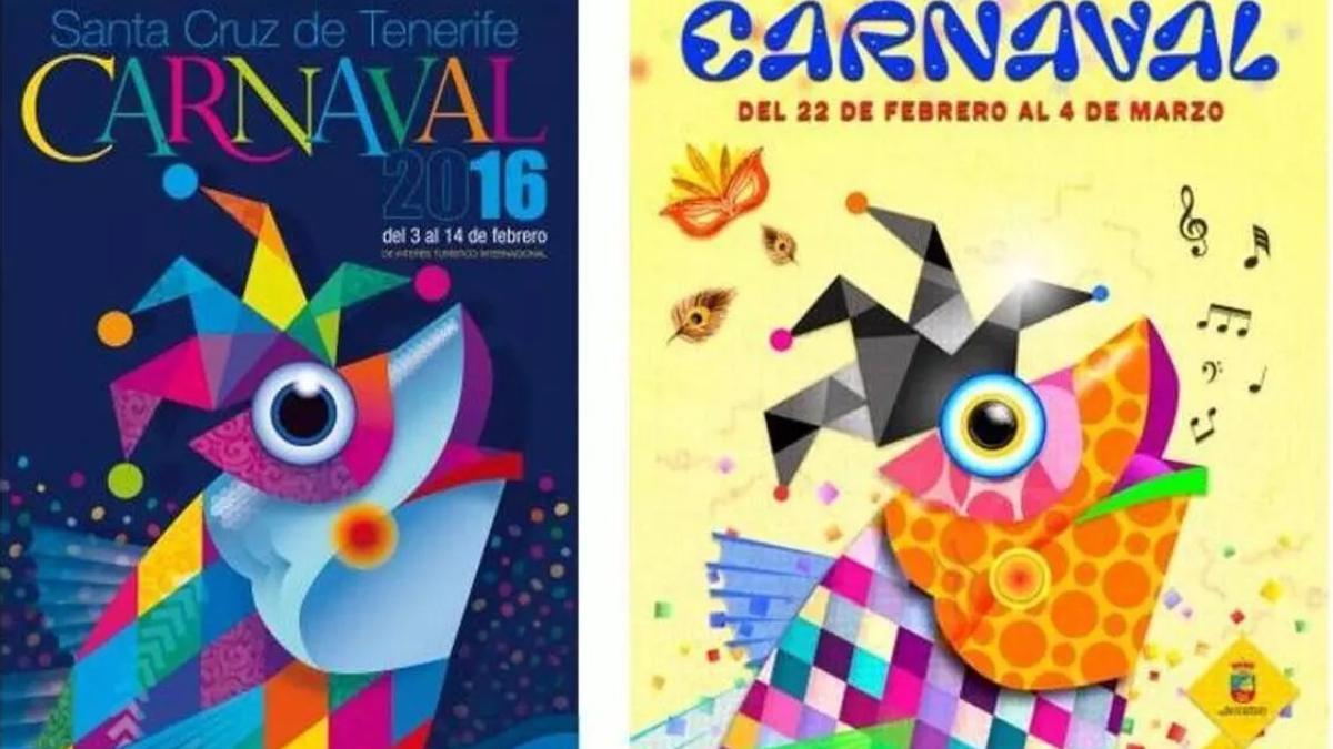 A la izquierda, el cartel del carnaval tinerfeño de 2016, a la derecha, el cartel de Don Benito de 2025.