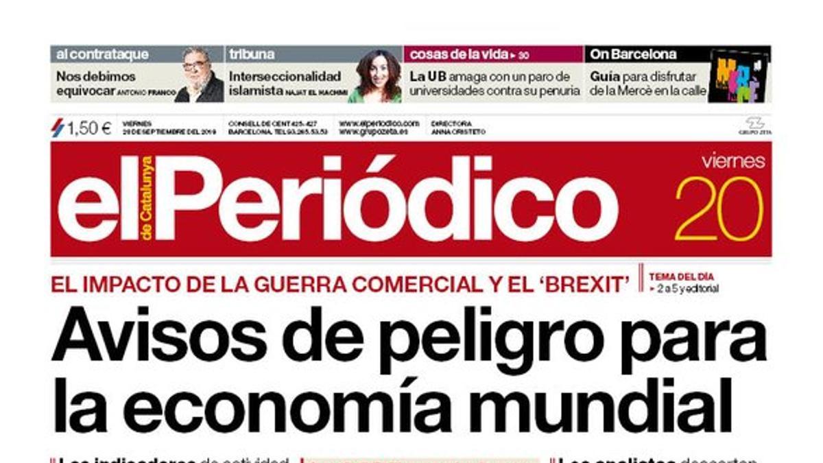 La portada de EL PERIÓDICO del 20 de septiembre del 2019.