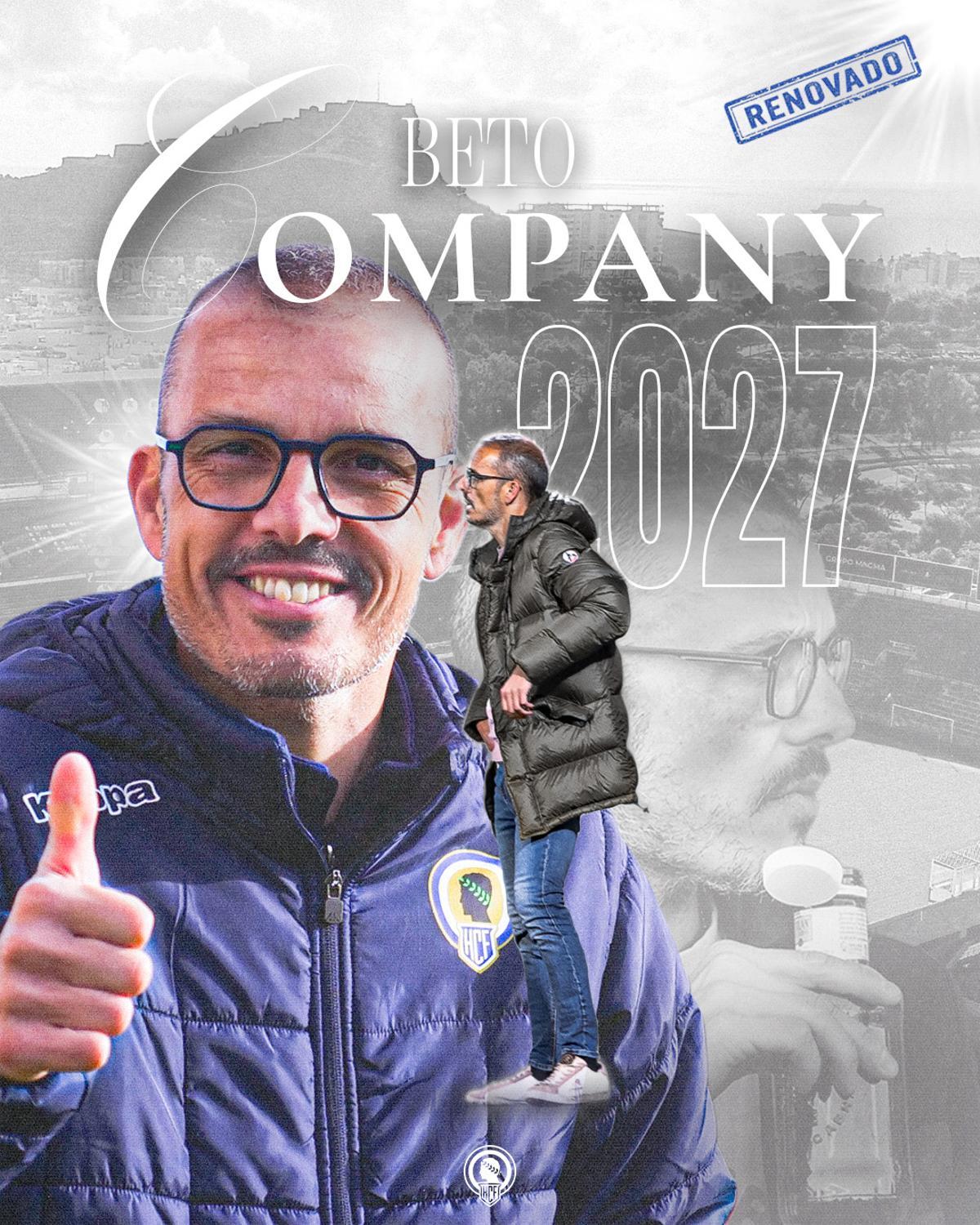 Diseño de la cartela oficial con el anuncio de la renovación de Beto Company como entrenador del Hércules.