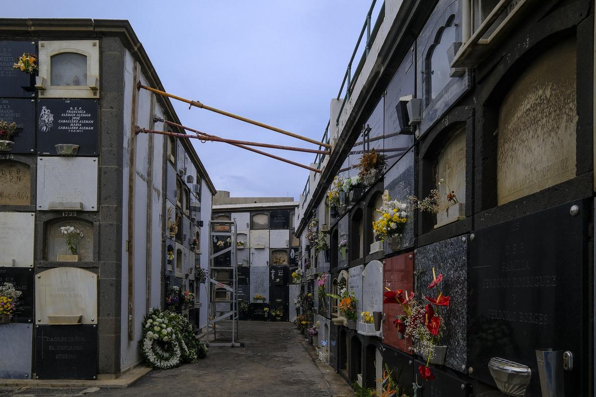Muro de nichos apuntalado por riesgo de caer, en el cementerio de Vegueta.