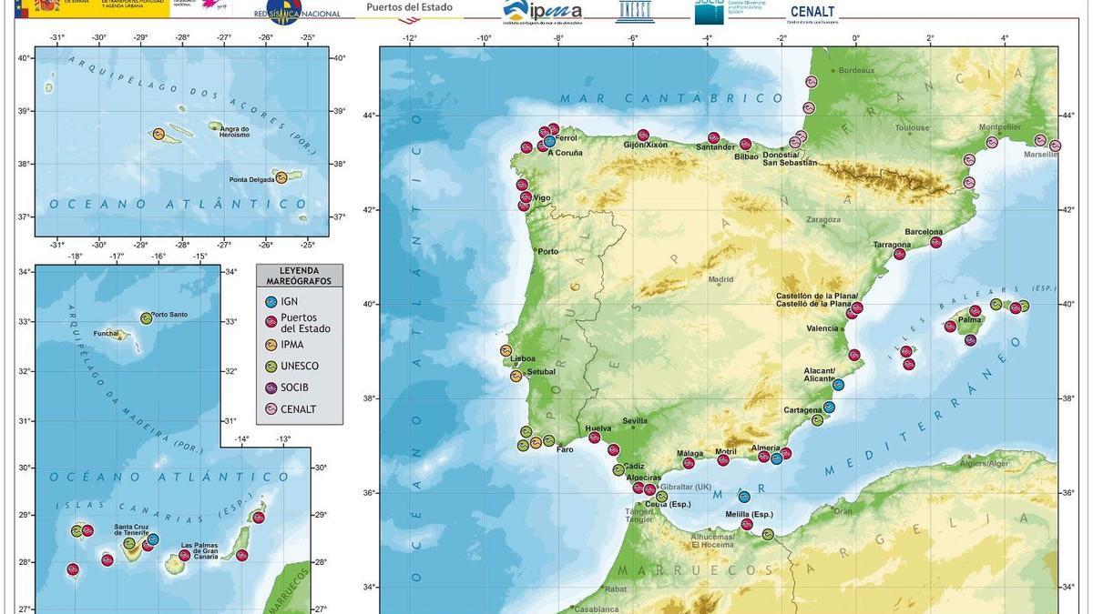 Mapa de mareógrafos de la Red de Alertas de Tsunamis del IGN