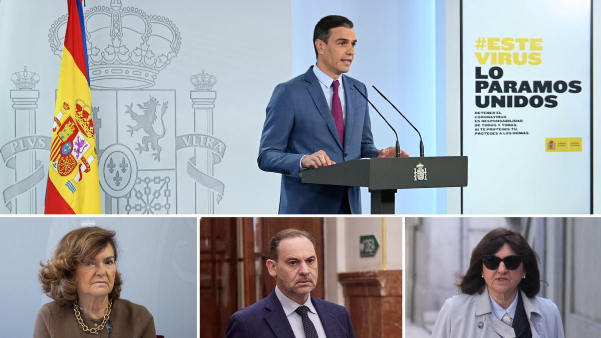 Pedro Sanchez anuncia la remodelación del Ejecutivo, el 10 de julio de 2021. Debajo, Carmen Calvo, José Luis Ábalos y Almudena Lastra