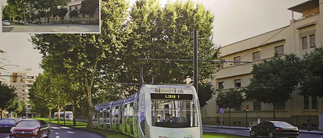 Imagen vitual de la nueva línea a su paso por el bulevard central de la Avinguda Gabriel Alomar antes de acceder a Pérez Galdós.