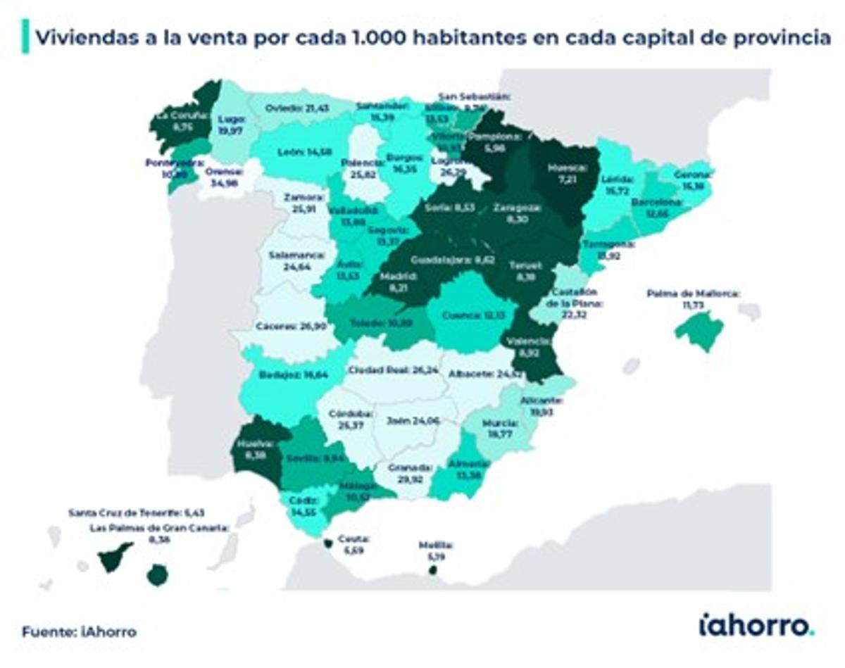 Viviendas a la venta por cada 1.000 habitantes en cada capital de provincia.