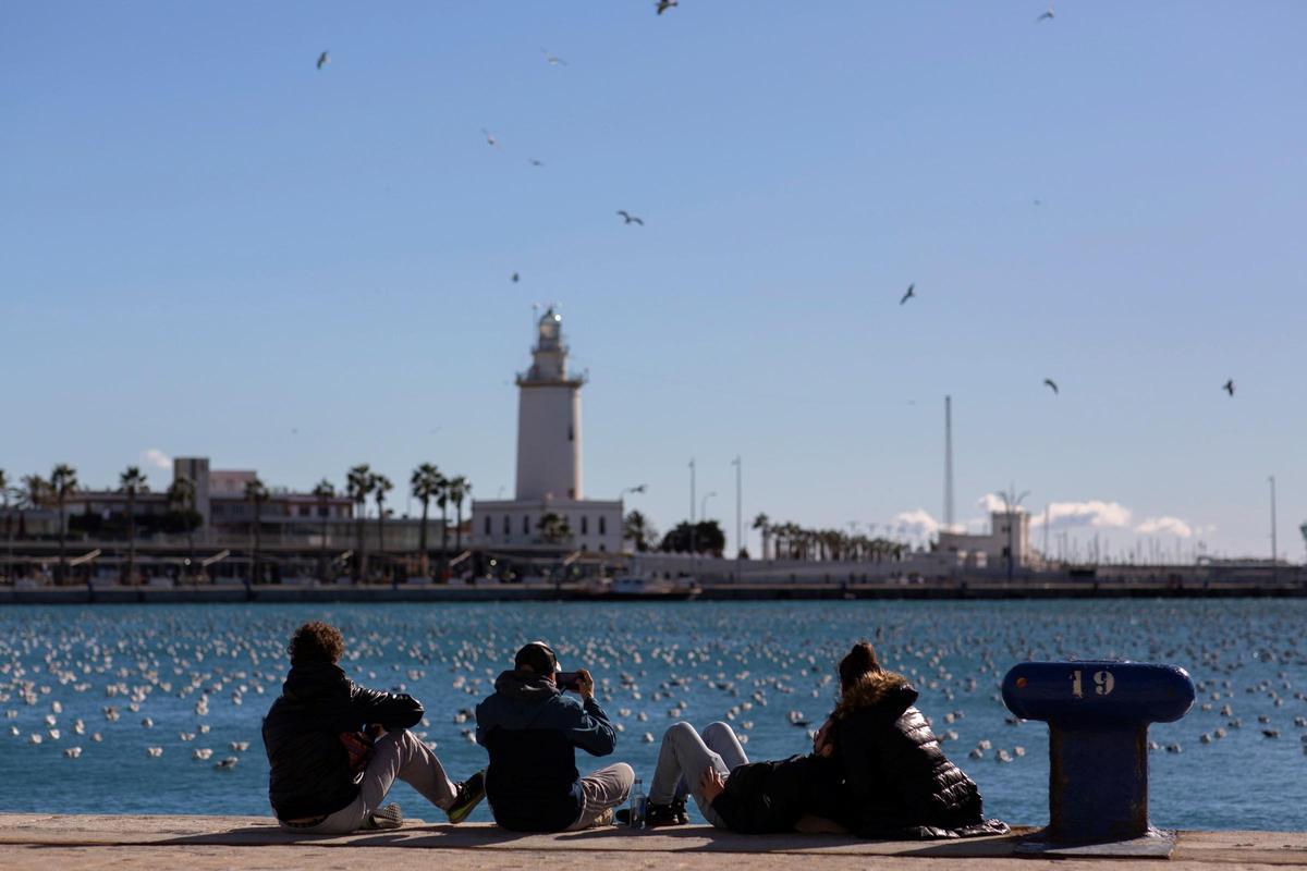 Un grupo de jóvenes en el puerto de Málaga el primer día del año disfrutando del sol y las buenas temperaturas.
